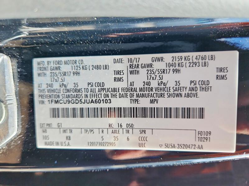 Aukcja sprzedaży 2018 Ford Escape, vin: 1FMCU9GD5JUA60103, numer aukcji: 68419136