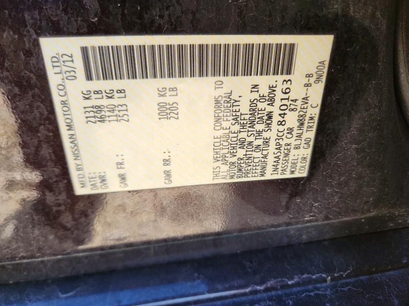 70660566 :رقم المزاد ، 1N4AA5AP3CC840163 vin ، 2012 Nissan Maxima مزاد بيع