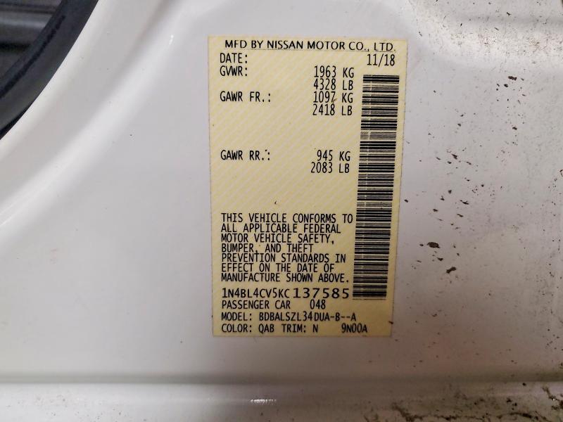 2019 Nissan Altima მანქანა იყიდება აუქციონზე, vin: 1N4BL4CV5KC137585, აუქციონის ნომერი: 70991156