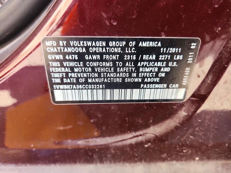 Продаж на аукціоні авто 2012 Volkswagen Passat, vin: 1VWBH7A36CC032261, номер лоту: 68614506