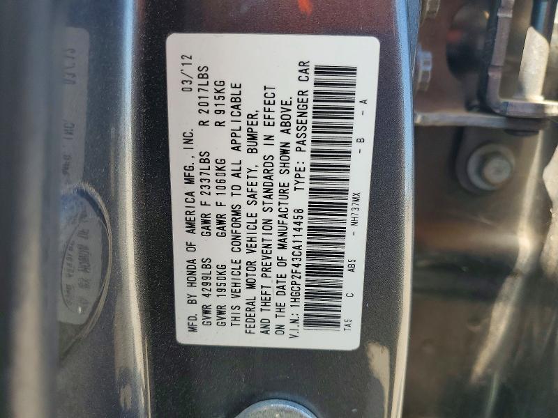 68053716 :رقم المزاد ، 1HGCP2F43CA114458 vin ، 2012 Honda Accord مزاد بيع
