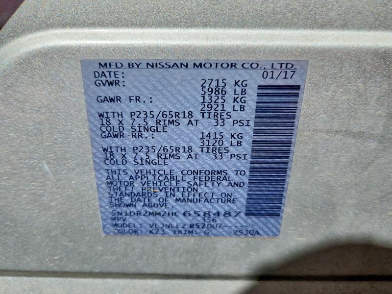 2017 Nissan Pathfinder მანქანა იყიდება აუქციონზე, vin: 5N1DR2MM2HC658487, აუქციონის ნომერი: 70732536