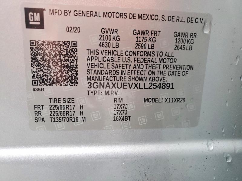 67141496 :رقم المزاد ، 3GNAXUEVXLL254891 vin ، 2020 Chevrolet Equinox مزاد بيع