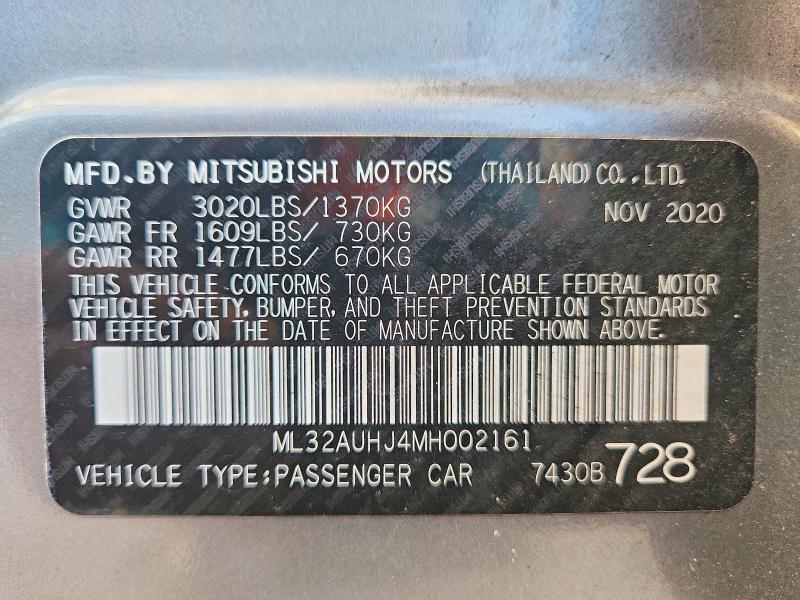 2021 Mitsubishi Mirage მანქანა იყიდება აუქციონზე, vin: ML32AUHJ4MH002161, აუქციონის ნომერი: 69136426