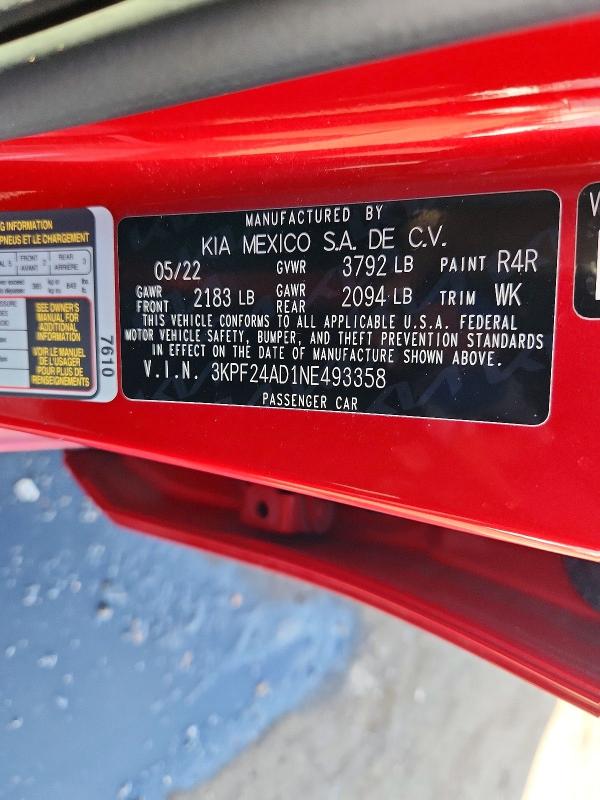 2022 Kia Forte მანქანა იყიდება აუქციონზე, vin: 3KPF24AD1NE493358, აუქციონის ნომერი: 69065126