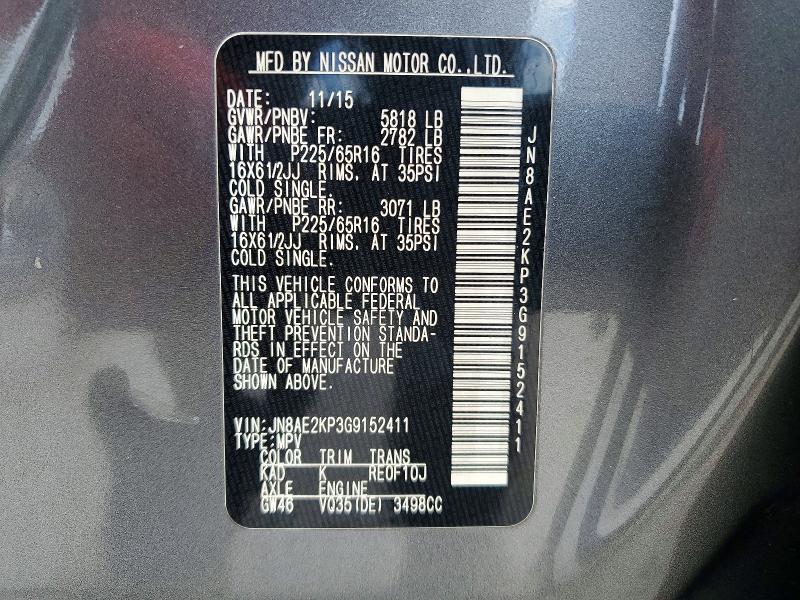 Aukcja sprzedaży 2016 Nissan Quest, vin: JN8AE2KP3G9152411, numer aukcji: 69011066