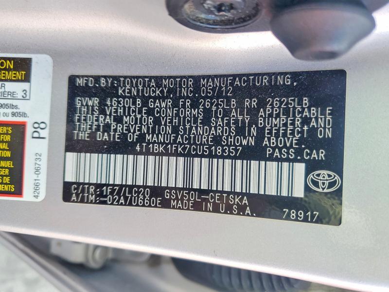 Aukcja sprzedaży 2012 Toyota Camry, vin: 4T1BK1FK7CU518357, numer aukcji: 69986036