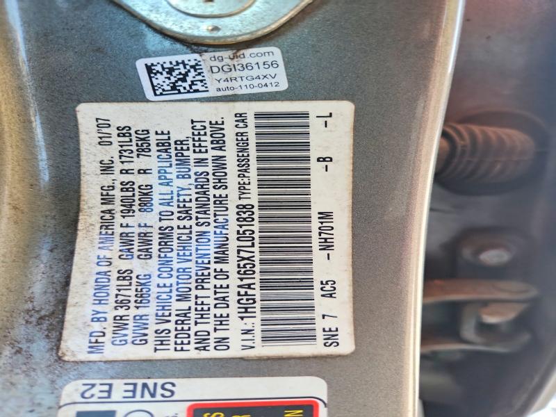 2007 Honda Civic მანქანა იყიდება აუქციონზე, vin: 1HGFA165X7L051838, აუქციონის ნომერი: 69738266