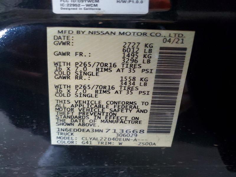 2021 Nissan Frontier მანქანა იყიდება აუქციონზე, vin: 1N6ED0EA3MN713668, აუქციონის ნომერი: 69756146