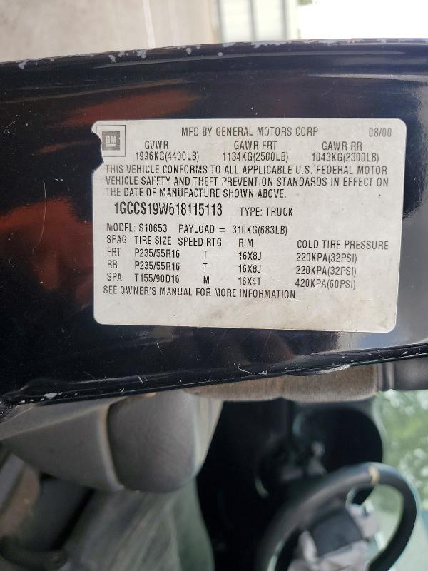 2001 Chevrolet S Truck მანქანა იყიდება აუქციონზე, vin: 1GCCS19W618115113, აუქციონის ნომერი: 68967106