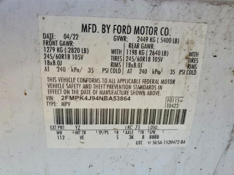 70787176 :رقم المزاد ، 2FMPK4J94NBA53864 vin ، 2022 Ford Edge مزاد بيع