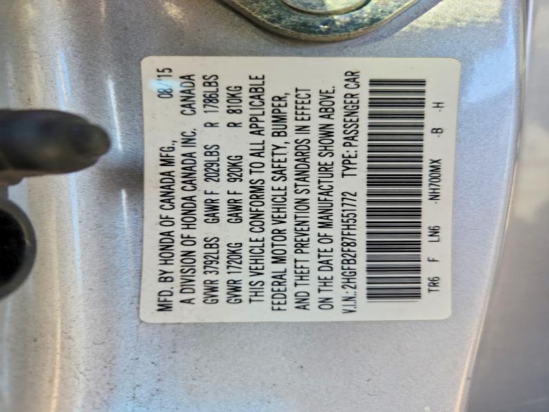 67983306 :رقم المزاد ، 2HGFB2F87FH551772 vin ، 2015 Honda Civic مزاد بيع
