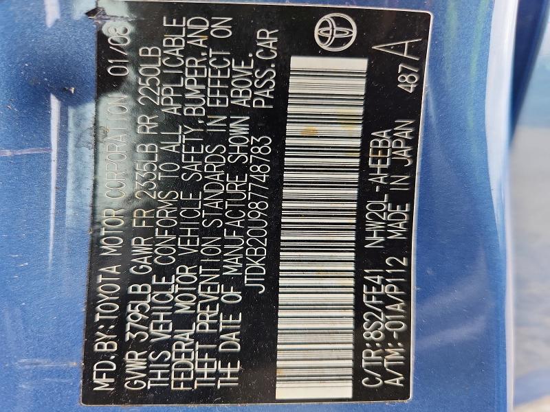 2008 Toyota Prius მანქანა იყიდება აუქციონზე, vin: JTDKB20U987748783, აუქციონის ნომერი: 68795236