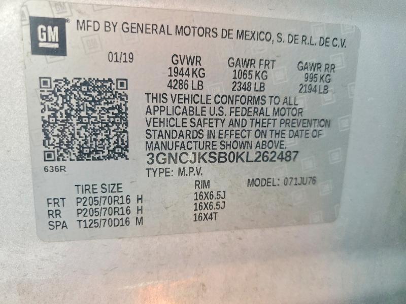 2019 Chevrolet Trax მანქანა იყიდება აუქციონზე, vin: 3GNCJKSB0KL262487, აუქციონის ნომერი: 68105196