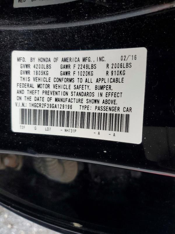 2016 Honda Accord მანქანა იყიდება აუქციონზე, vin: 1HGCR2F39GA129196, აუქციონის ნომერი: 70860266