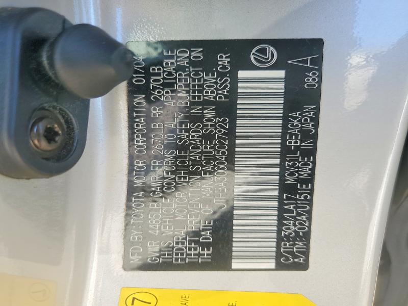 2004 Lexus Es მანქანა იყიდება აუქციონზე, vin: JTHBA30G045027923, აუქციონის ნომერი: 65518966