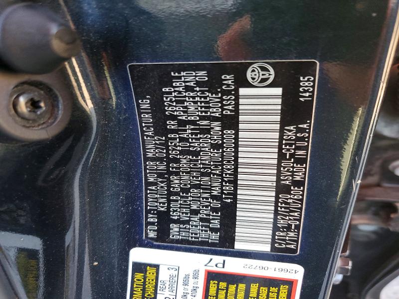 2012 Toyota Camry მანქანა იყიდება აუქციონზე, vin: 4T1BF1FK8CU060008, აუქციონის ნომერი: 69596126