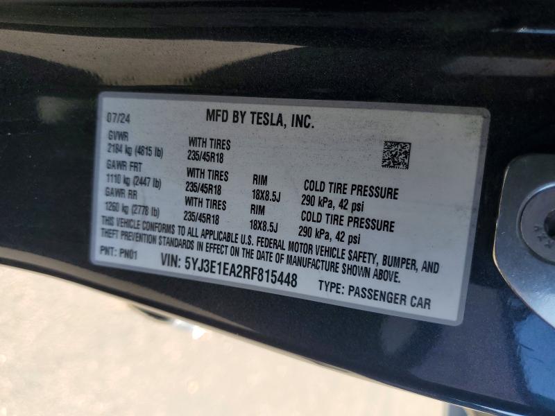 68013306 :رقم المزاد ، 5YJ3E1EA2RF815448 vin ، 2024 Tesla Model 3 مزاد بيع