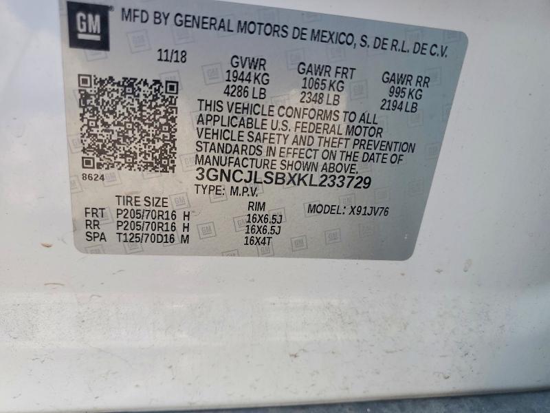 Aukcja sprzedaży 2019 Chevrolet Trax, vin: 3GNCJLSBXKL233729, numer aukcji: 67452756