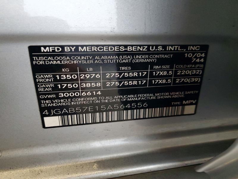 67563916 :رقم المزاد ، 4JGAB57E15A564556 vin ، 2005 Mercedes-benz Ml مزاد بيع