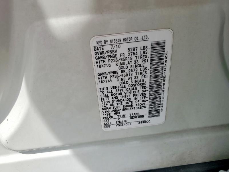 2010 Nissan Murano მანქანა იყიდება აუქციონზე, vin: JN8AZ1MW6AW136876, აუქციონის ნომერი: 70276006