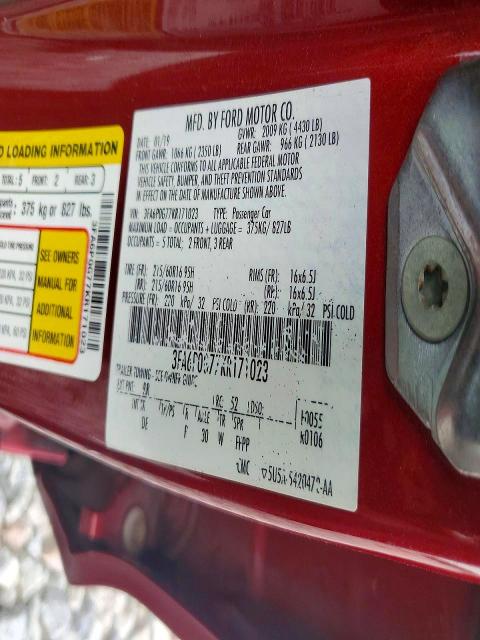 Продаж на аукціоні авто 2019 Ford Fusion, vin: 3FA6P0G77KR171023, номер лоту: 68553166