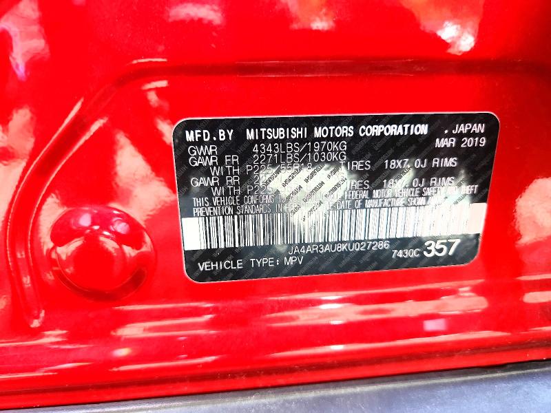 2019 Mitsubishi Outlander Sport მანქანა იყიდება აუქციონზე, vin: JA4AR3AU8KU027286, აუქციონის ნომერი: 67986226