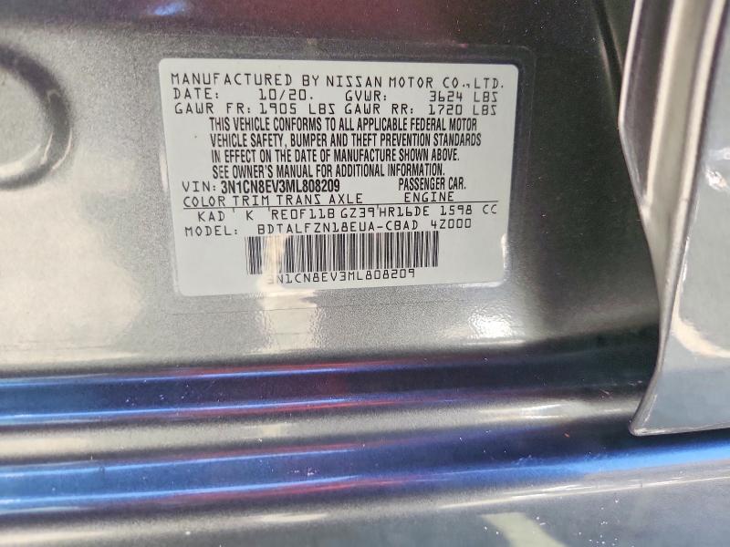 2021 Nissan Versa მანქანა იყიდება აუქციონზე, vin: 3N1CN8EV3ML808209, აუქციონის ნომერი: 68145826