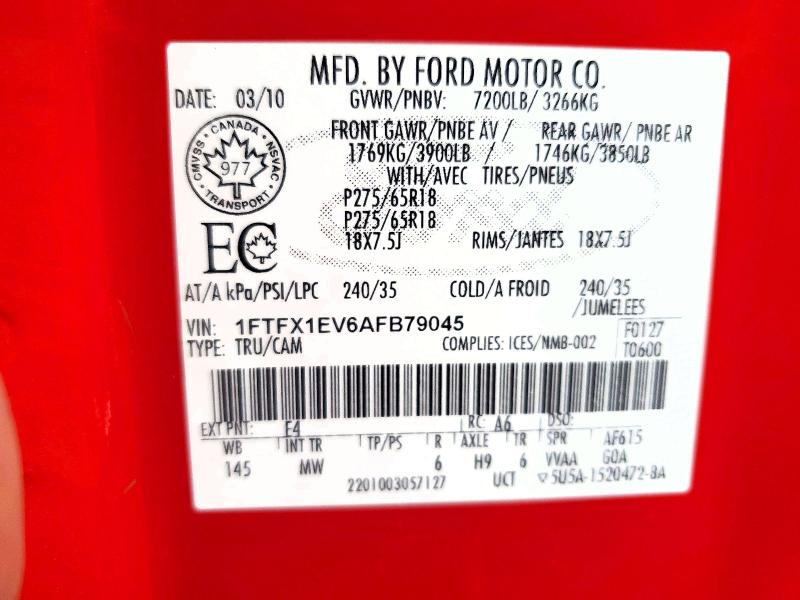 66639586 :رقم المزاد ، 1FTFX1EV6AFB79045 vin ، 2010 Ford F150 مزاد بيع