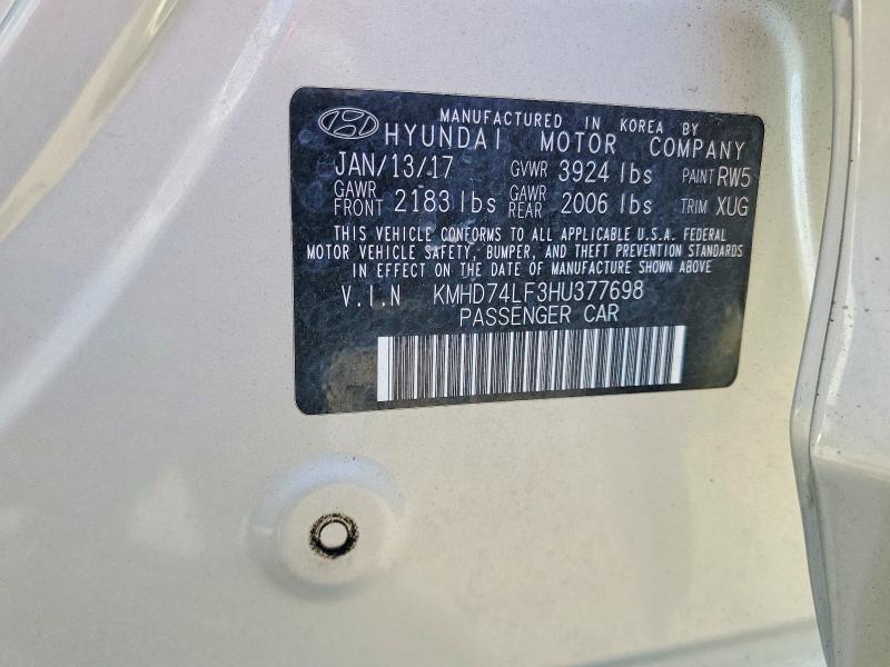 68845956 :رقم المزاد ، KMHD74LF3HU377698 vin ، 2017 Hyundai Elantra مزاد بيع