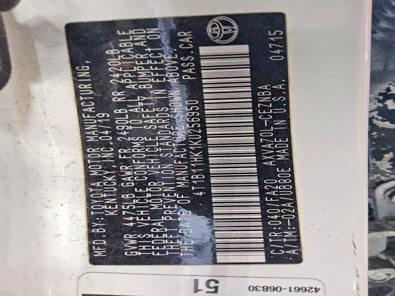 2019 Toyota Camry მანქანა იყიდება აუქციონზე, vin: 4T1B11HK1KU256950, აუქციონის ნომერი: 65808036