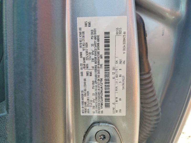 Aukcja sprzedaży 2022 Ford Escape, vin: 1FMCU0F62NUA12708, numer aukcji: 67500866