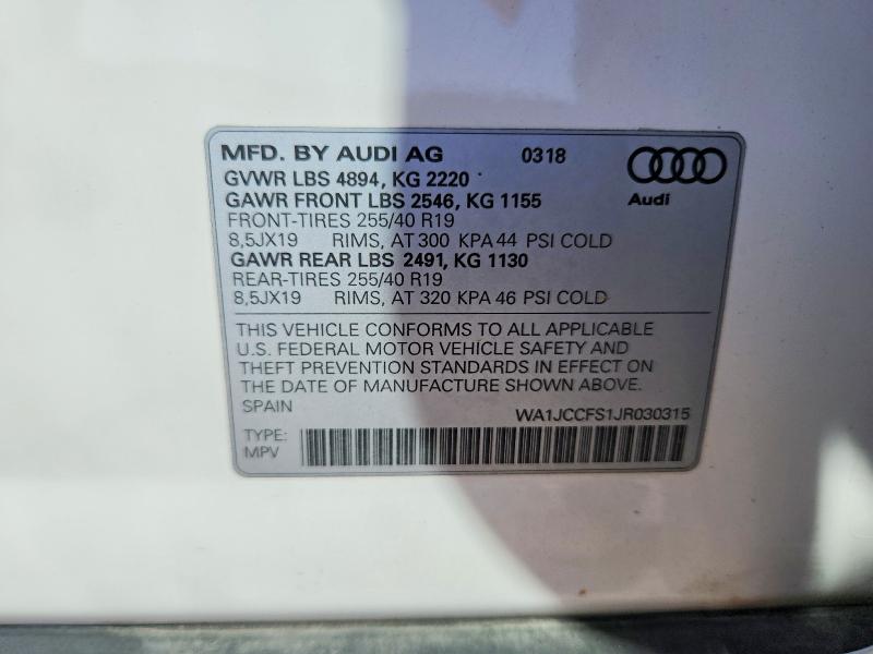 68507276 :رقم المزاد ، WA1JCCFS1JR030315 vin ، 2018 Audi Q3 مزاد بيع