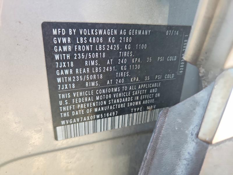 70448756 :رقم المزاد ، WVGAV7AX0FW516497 vin ، 2015 Volkswagen Tiguan مزاد بيع