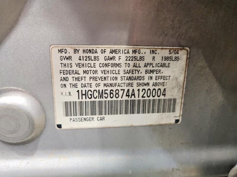 Продаж на аукціоні авто 2004 Honda Accord, vin: 1HGCM56874A120004, номер лоту: 69437806