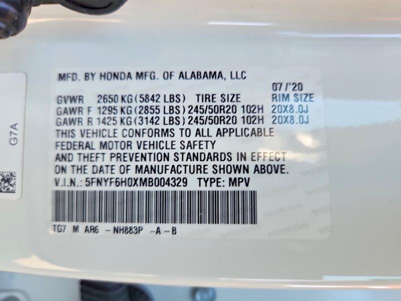 Продаж на аукціоні авто 2021 Honda Pilot, vin: 5FNYF6H0XMB004329, номер лоту: 68336986