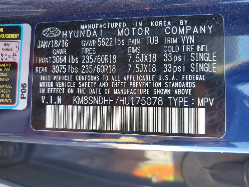2017 Hyundai Santa Fe მანქანა იყიდება აუქციონზე, vin: KM8SNDHF7HU175078, აუქციონის ნომერი: 68361956