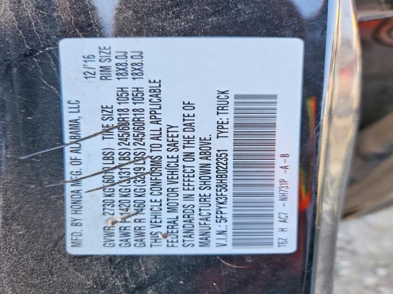 2017 Honda Ridgeline მანქანა იყიდება აუქციონზე, vin: 5FPYK3F58HB022351, აუქციონის ნომერი: 69010406