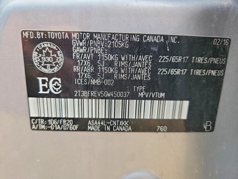 67511066 :رقم المزاد ، 2T3BFREV5GW450037 vin ، 2016 Toyota Rav4 مزاد بيع