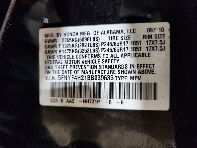 Продажа на аукционе авто 2011 Honda Pilot, vin: 5FNYF4H21BB039635, номер лота: 69601536