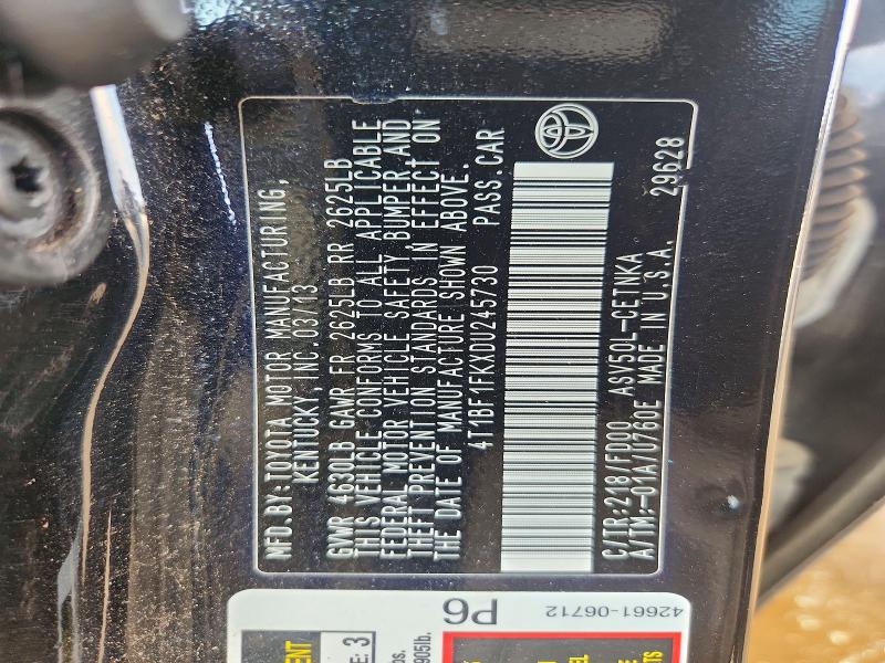 67678046 :رقم المزاد ، 4T1BF1FKXDU245730 vin ، 2013 Toyota Camry مزاد بيع