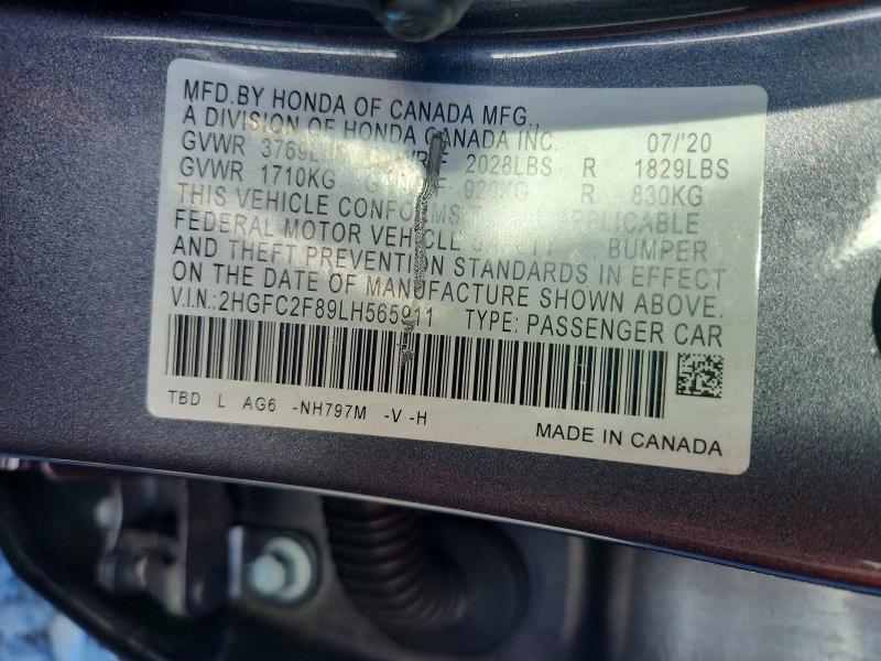 70057506 :رقم المزاد ، 2HGFC2F89LH565911 vin ، 2020 Honda Civic مزاد بيع