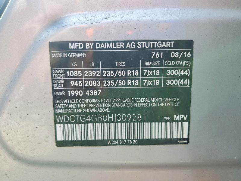 Aukcja sprzedaży 2017 Mercedes-benz Gla, vin: WDCTG4GB0HJ309281, numer aukcji: 68683656