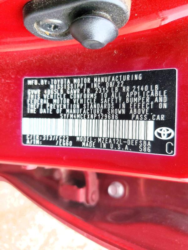 67929666 :رقم المزاد ، 5YFM4MCEXNP129686 vin ، 2022 Toyota Corolla مزاد بيع