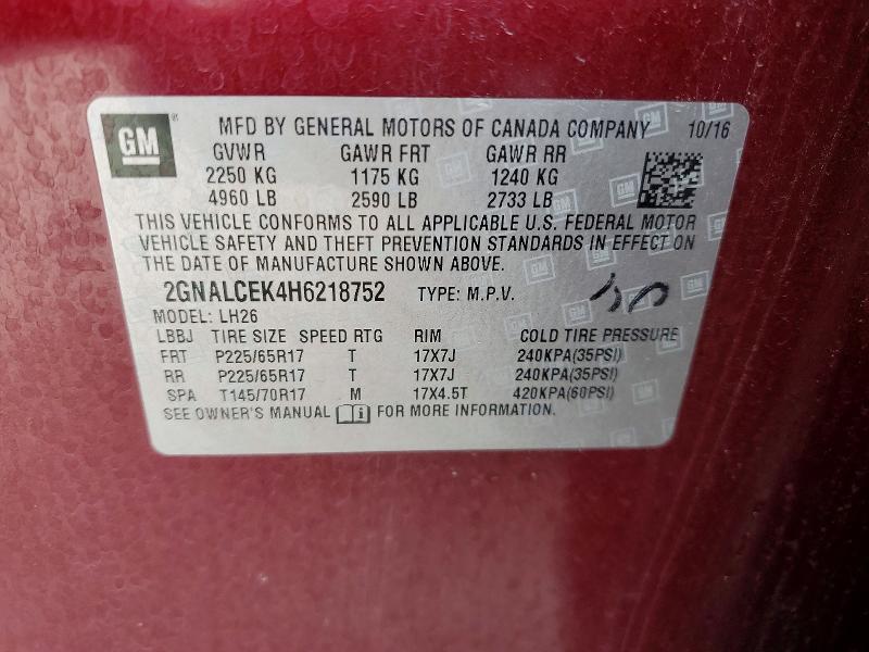 69878826 :رقم المزاد ، 2GNALCEK4H6218752 vin ، 2017 Chevrolet Equinox مزاد بيع