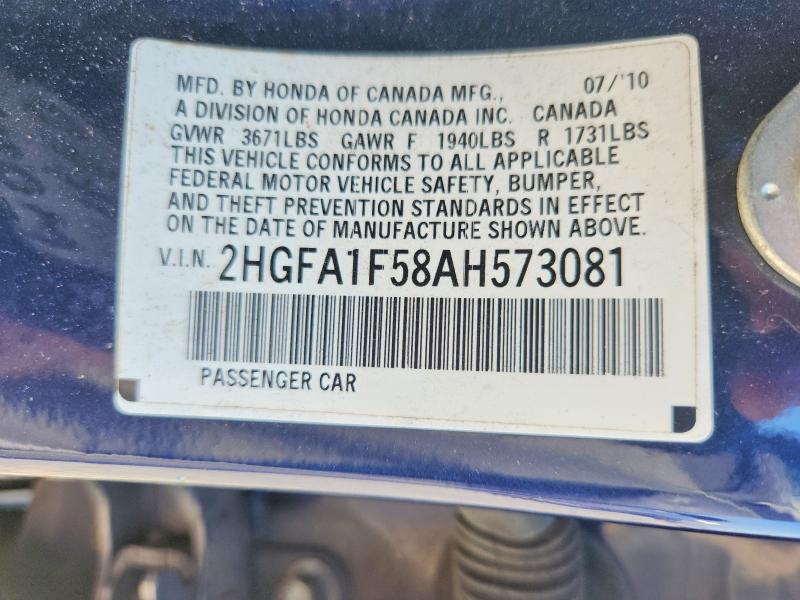 2010 Honda Civic მანქანა იყიდება აუქციონზე, vin: 2HGFA1F58AH573081, აუქციონის ნომერი: 67999086