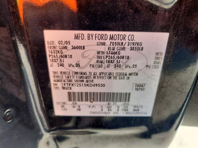 2005 Ford F150 მანქანა იყიდება აუქციონზე, vin: 1FTPX12515KD49530, აუქციონის ნომერი: 70695006