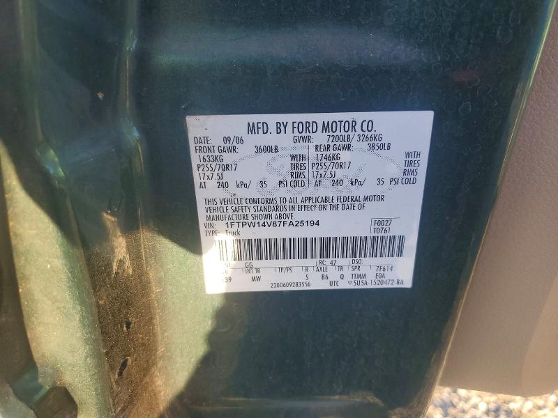 68210836 :رقم المزاد ، 1FTPW14V87FA25194 vin ، 2007 Ford F150 مزاد بيع