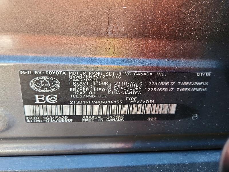 69736726 :رقم المزاد ، 2T3B1RFV4KW014155 vin ، 2019 Toyota Rav4 مزاد بيع