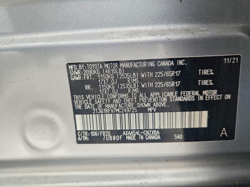 Продаж на аукціоні авто 2021 Toyota Rav4, vin: 2T3G1RFV7MC249725, номер лоту: 70071256